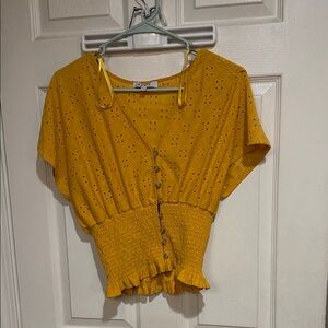 love J Mustard Yellow Eyelet Smocked Button-Front Crop Top